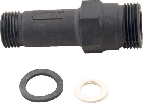 Schwarzes Überstromventil mit Gewinde und Dichtungselementen von Wolf. Das Produkt eignet sich für verschiedene Anwendungen in der Heiztechnik.